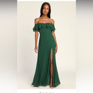 Lulu’s Enchanting Endeavor Green Ruffled Off-the-Shoulder Maxi Dress | XL